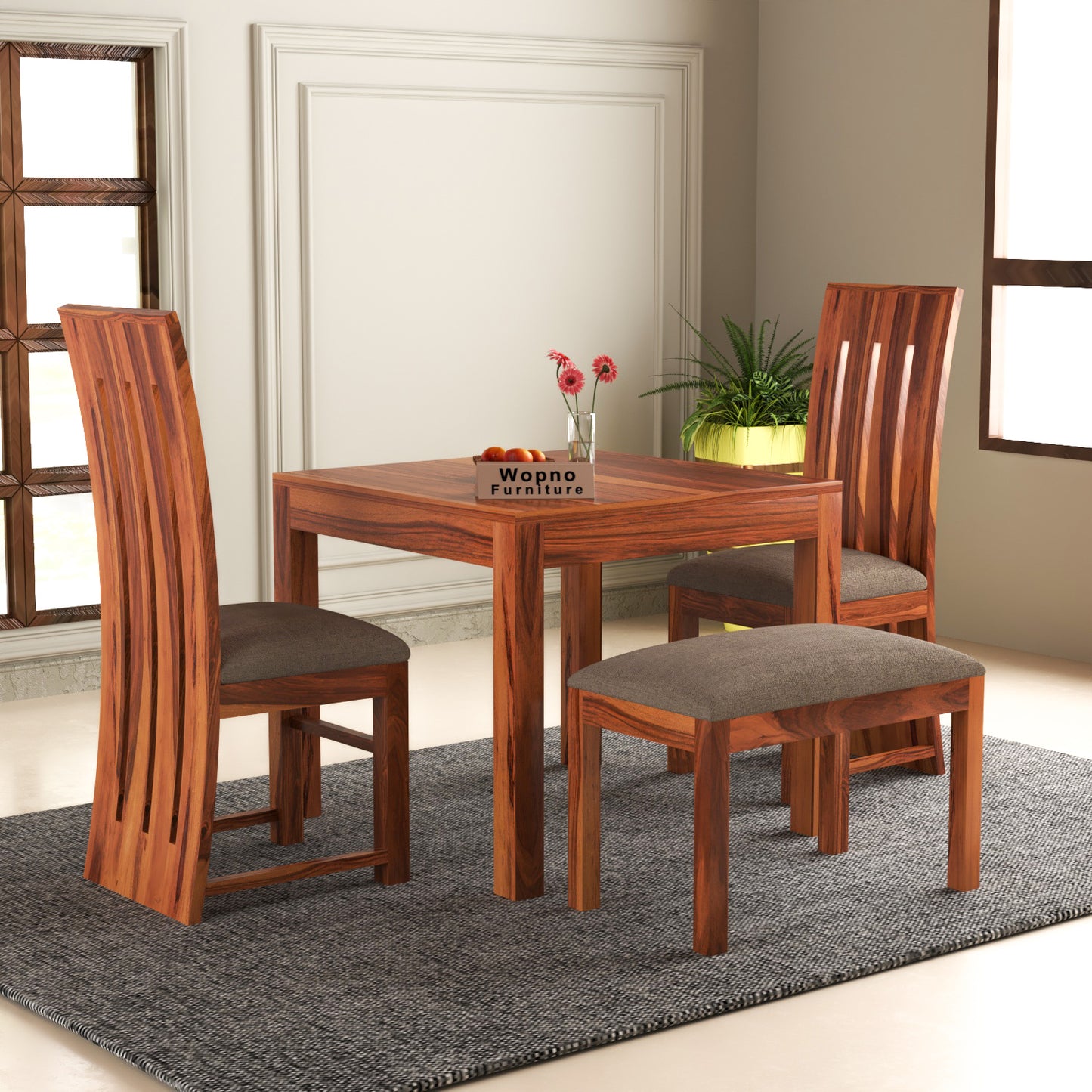 Zephora Sheesham Wood Dining Set 4 Seater With Bench (Honey Finish)