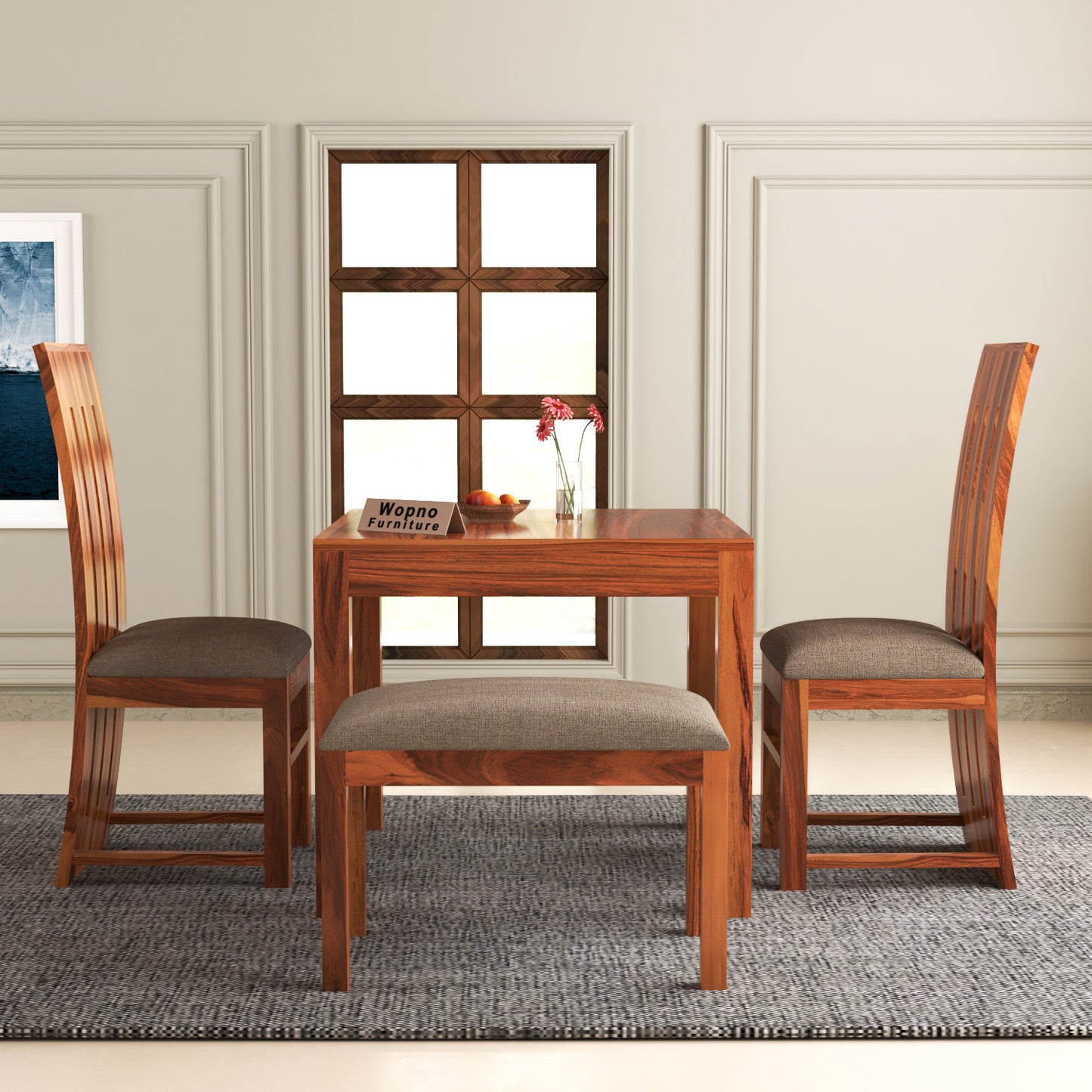 Zephora Sheesham Wood Dining Set 4 Seater With Bench (Honey Finish)