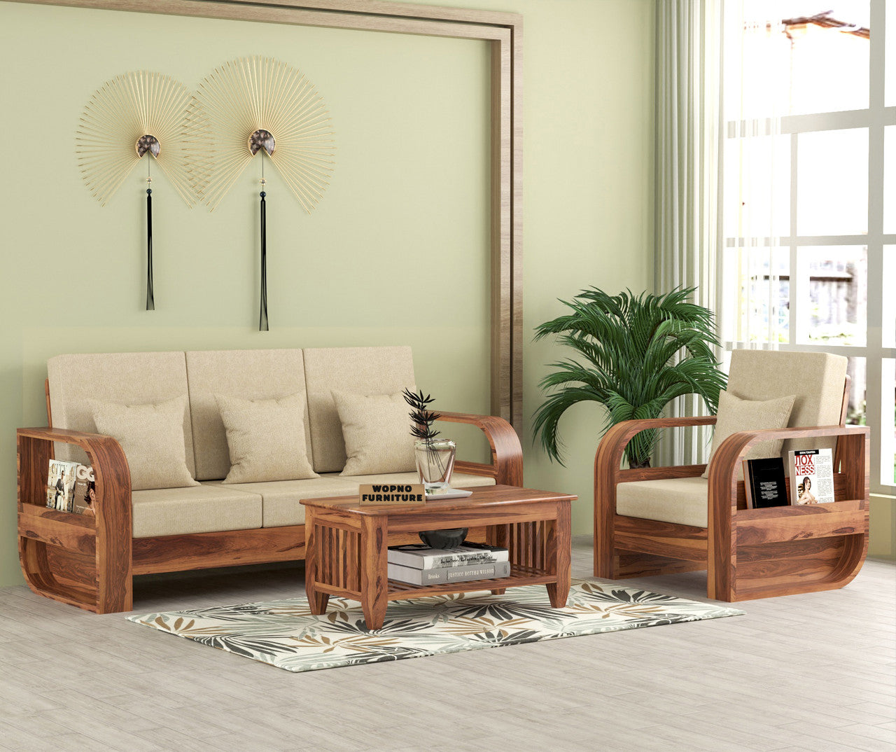 Curve 4 Seater Solid Wood Sofa (Honey Finish)