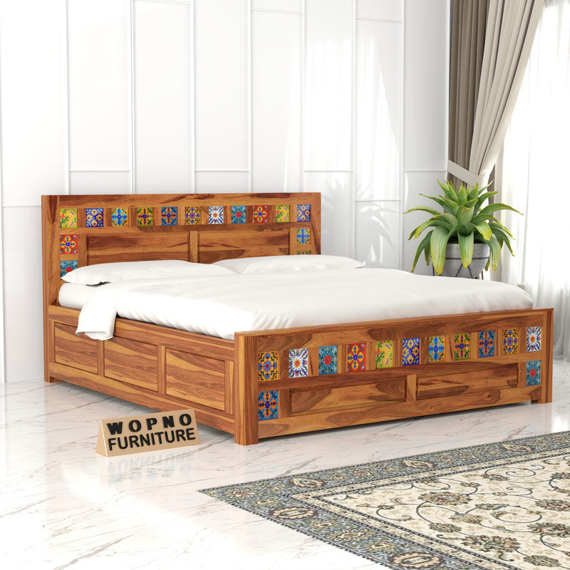 Novique Sheesham Wood King Size Bed With Storage (Honey Finish)
