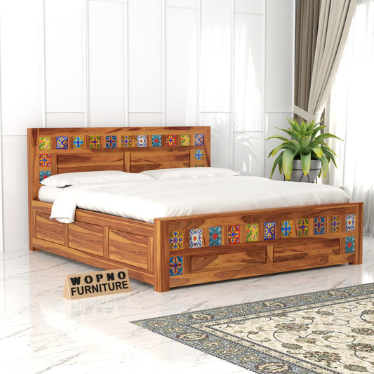Novique Sheesham Wood King Size Bed With Storage (Honey Finish)