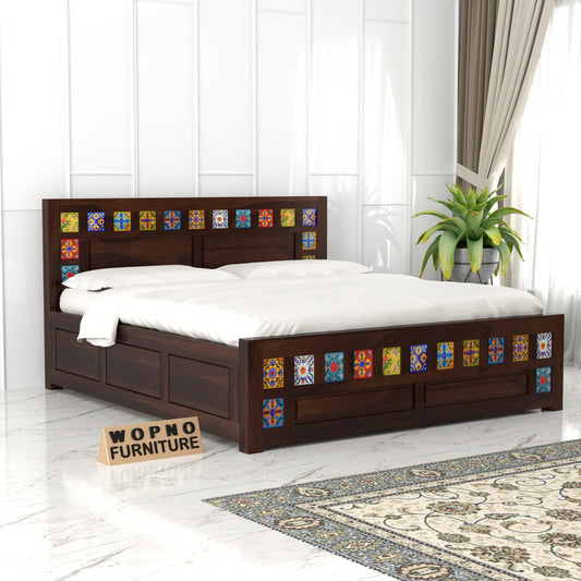 Novique Sheesham Wood Queen Size Bed With Storage (Walnut Finish)