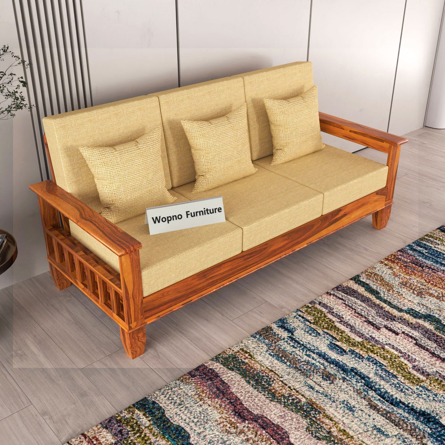 Veltra Solid Sheesham Wooden 3  Seater Sofa Set (Honey Finish)