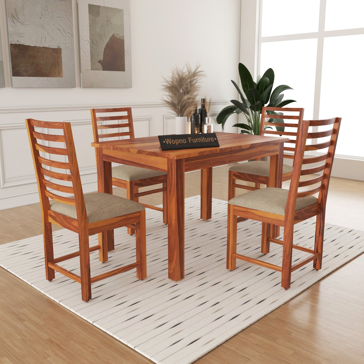 Lorveth Sheesham Wood Dining Set 4 Seater 45x45x30 (Honey Finish)