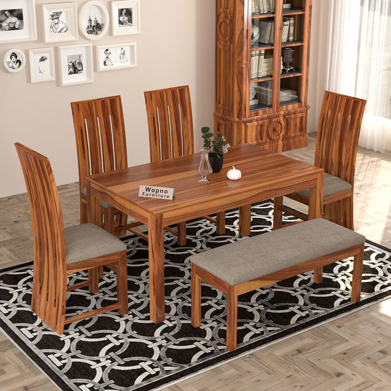 Zephora Sheesham Wood Dining Set 6 Seater With Bench (Honey Finish)