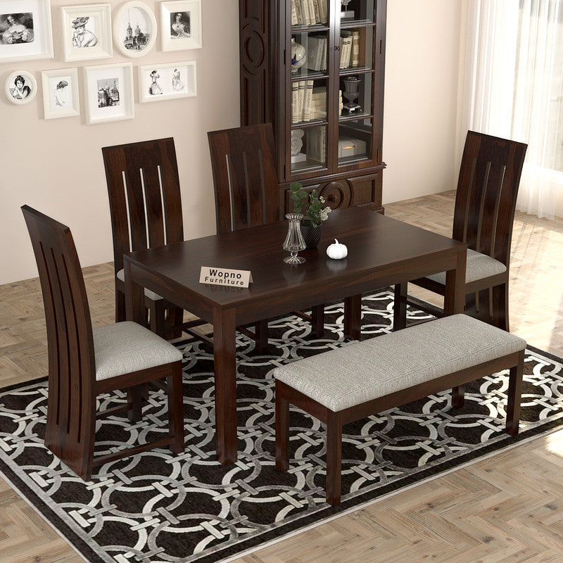 Zephora Sheesham Wood Dining Set 6 Seater With Bench (Walnut Finish)