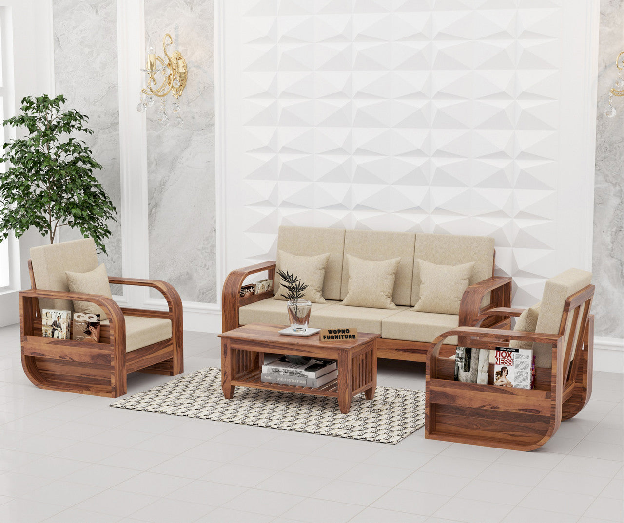 Curve 5 Seater Solid Wood Sofa (Honey Finish)