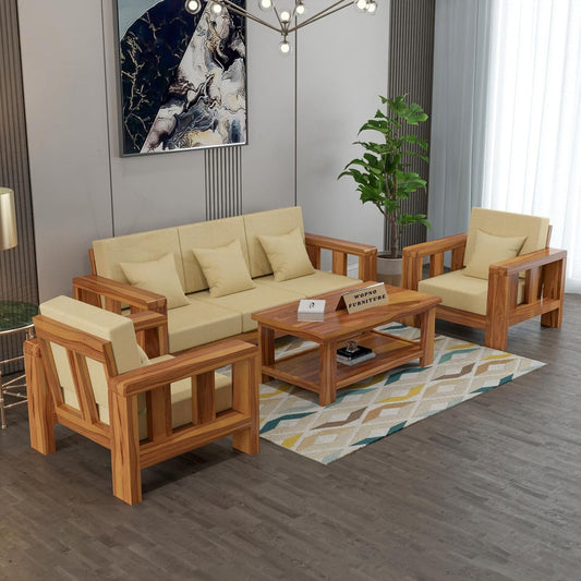 Zyvora 5 Seater Solid Wood Sofa (Honey Finish)