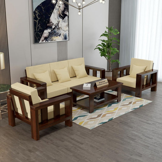 Zyvora 5 Seater Solid Wood Sofa (Walnut Finish)