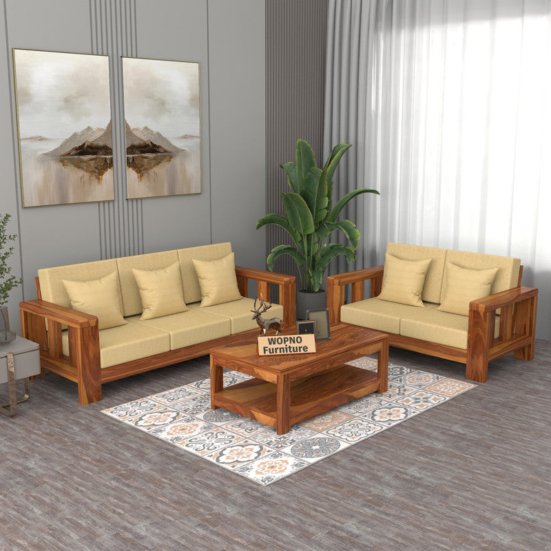 Zyvora 3+2 Seater Solid Wood Sofa (Honey Finish)