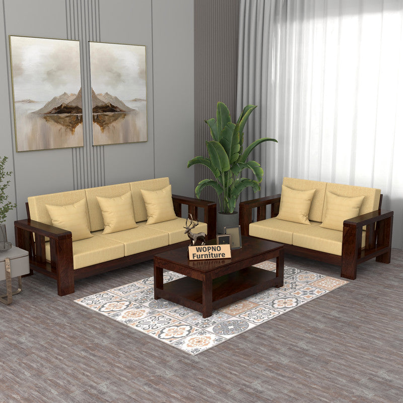 Zyvora 3+2 Seater Solid Wood Sofa (Walnut Finish)