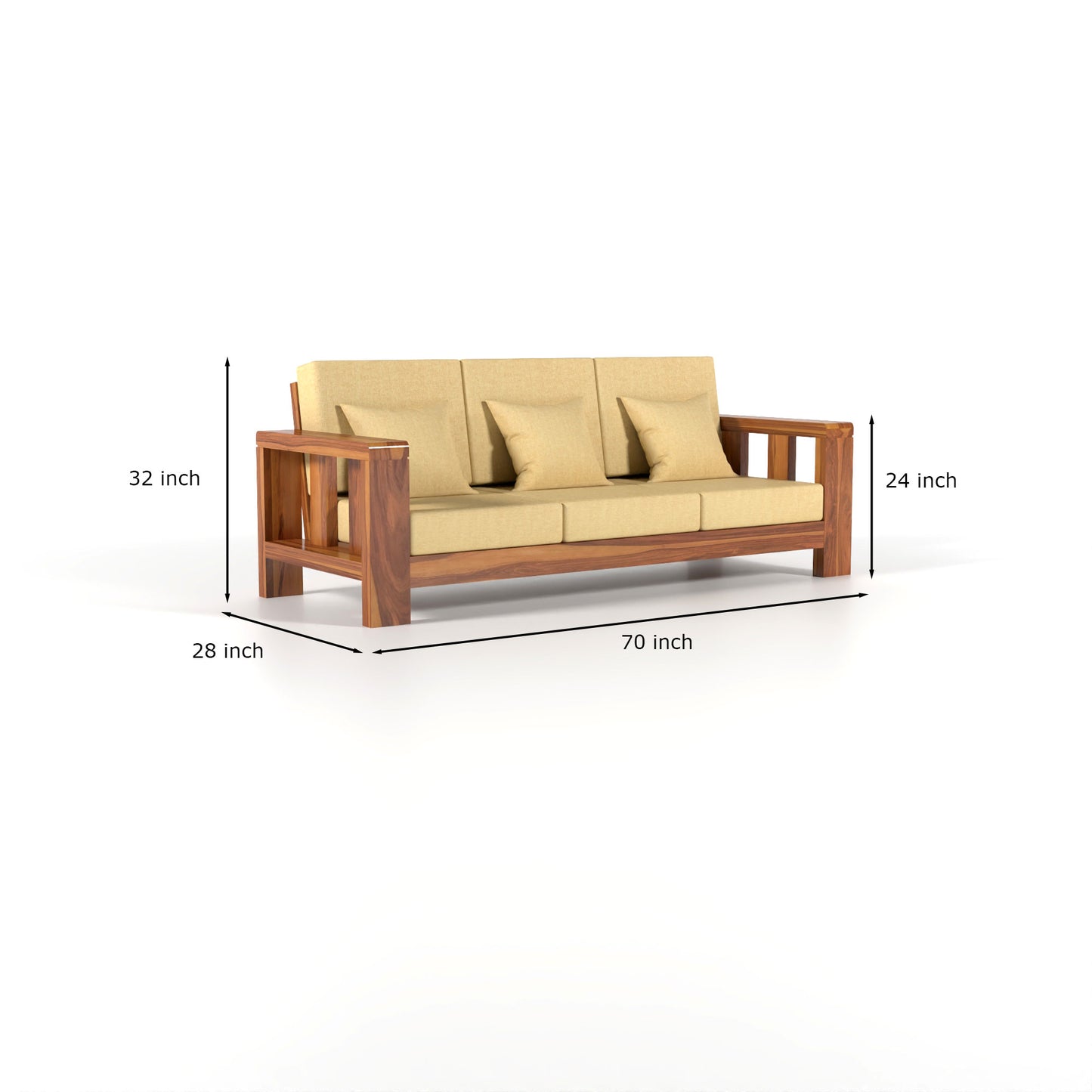 Zyvora 3 Seater Solid Wood Sofa (Honey Finish)