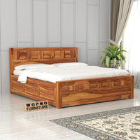Zyvora Sheesham Wood King Size Bed With Storage (Honey Finish)