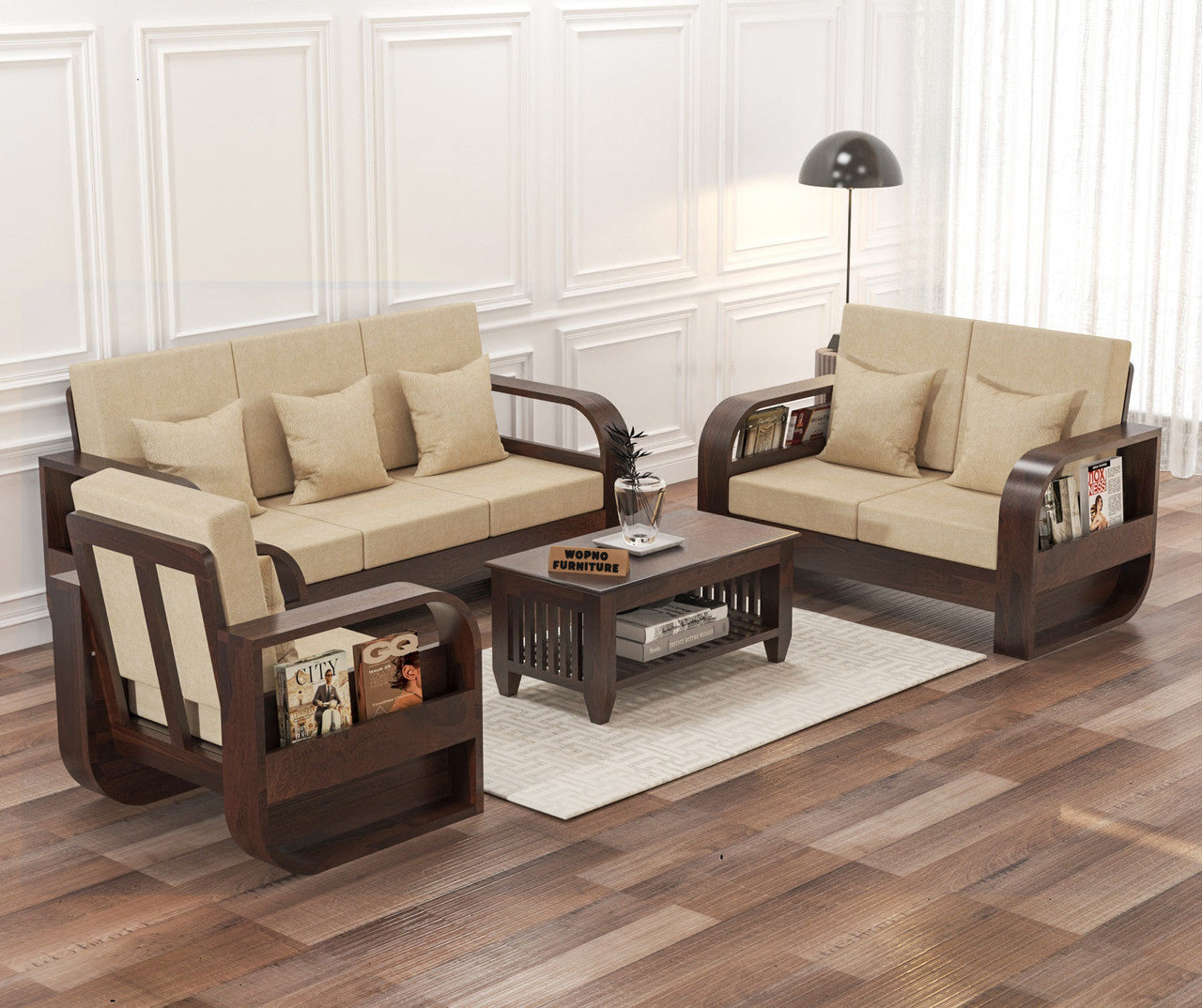 Curve 6 Seater Solid Wood Sofa (Walnut Finish)