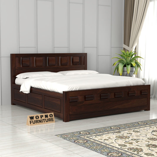 Zyvora Sheesham Wood Queen Size Bed With Storage (Walnut Finish)