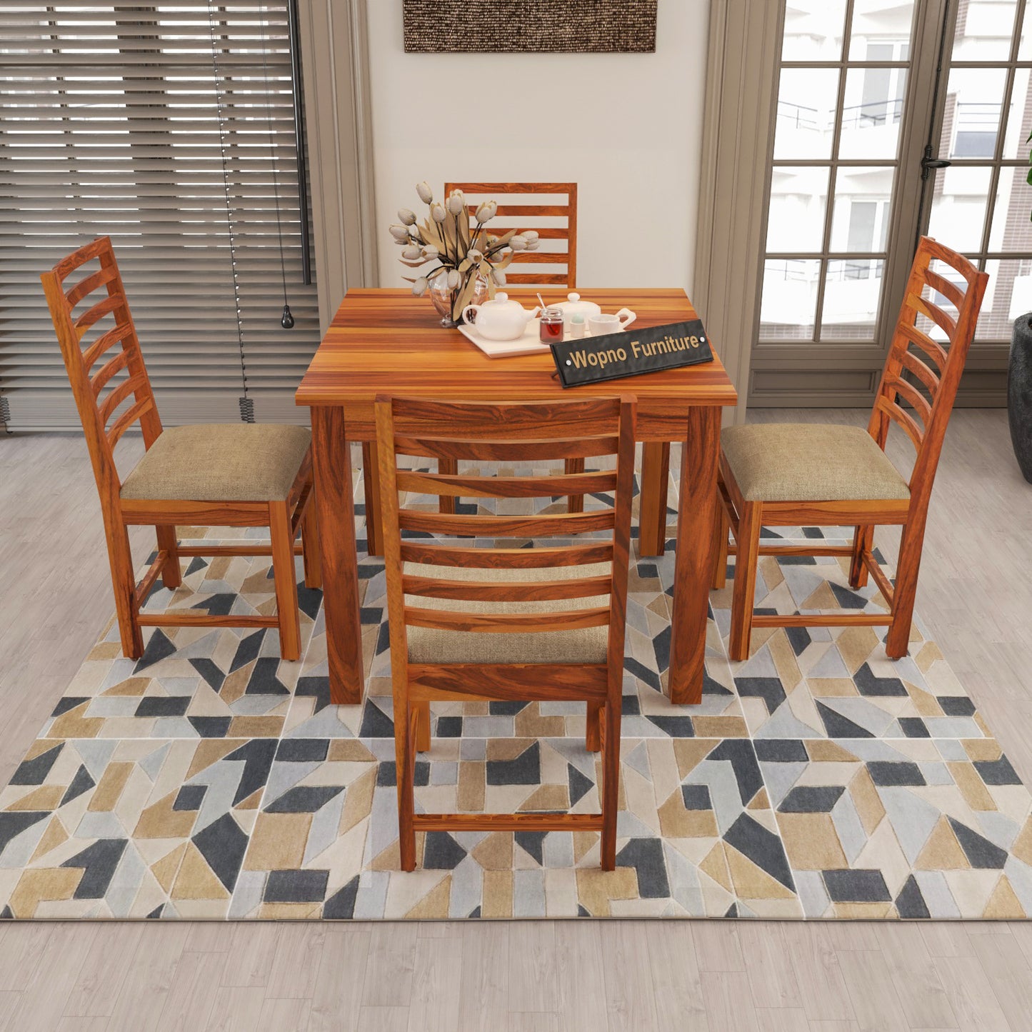 Lorveth Sheesham Wood Dining Set 4 Seater 34x34x30 (Honey Finish)