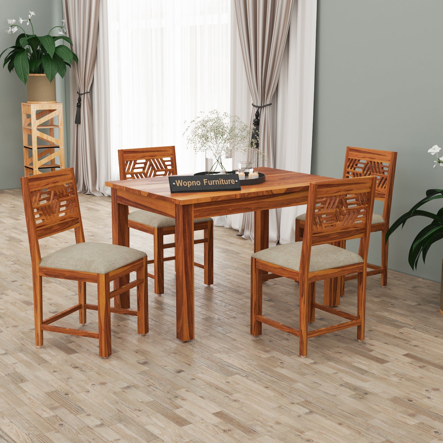 Morvex Sheesham Wood Dining Set 4 Seater 45x45x30 (Honey Finish)