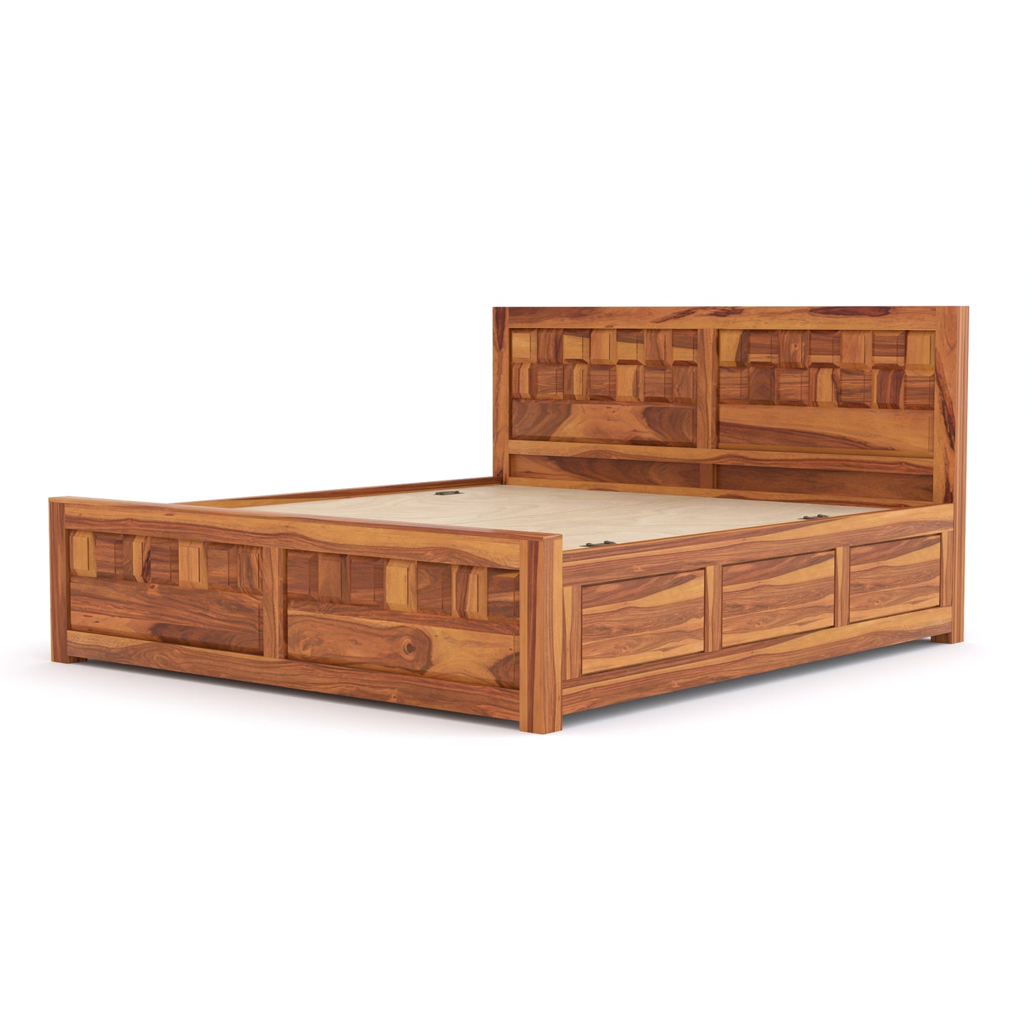 Vantrex Sheesham Wood Queen Size Bed With Storage (Honey Finish)