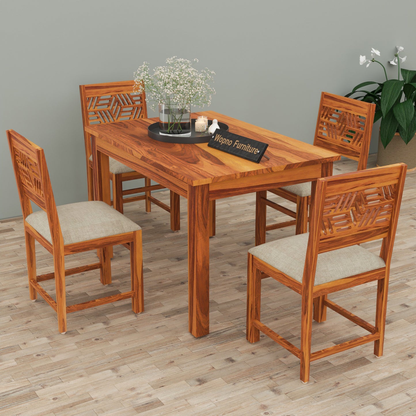Morvex Sheesham Wood Dining Set 4 Seater 45x45x30 (Honey Finish)