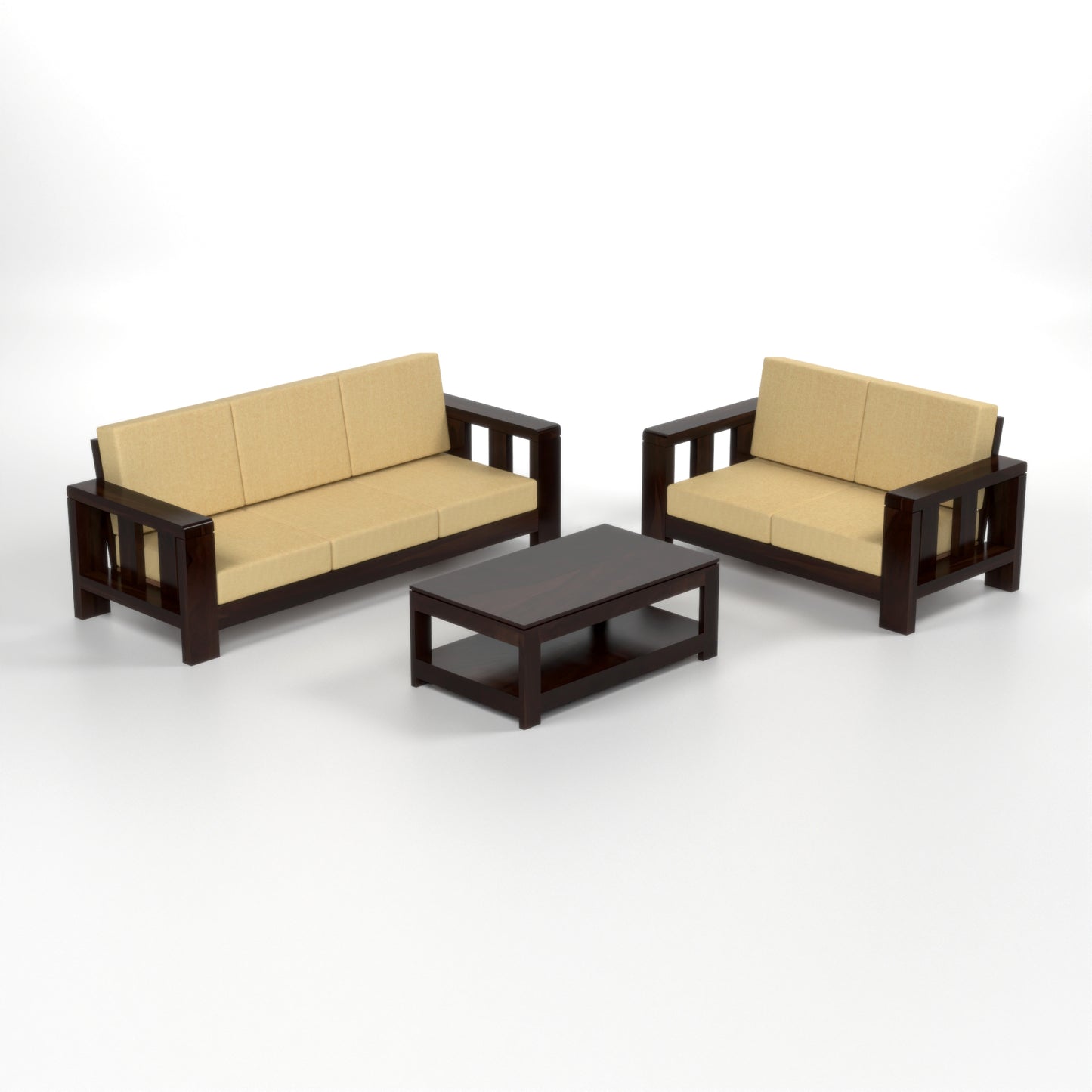 Zyvora 3+2 Seater Solid Wood Sofa (Walnut Finish)