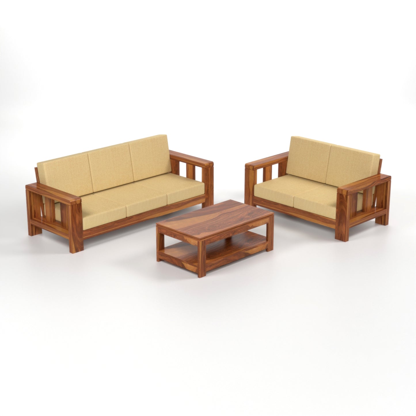 Zyvora 3+2 Seater Solid Wood Sofa (Honey Finish)