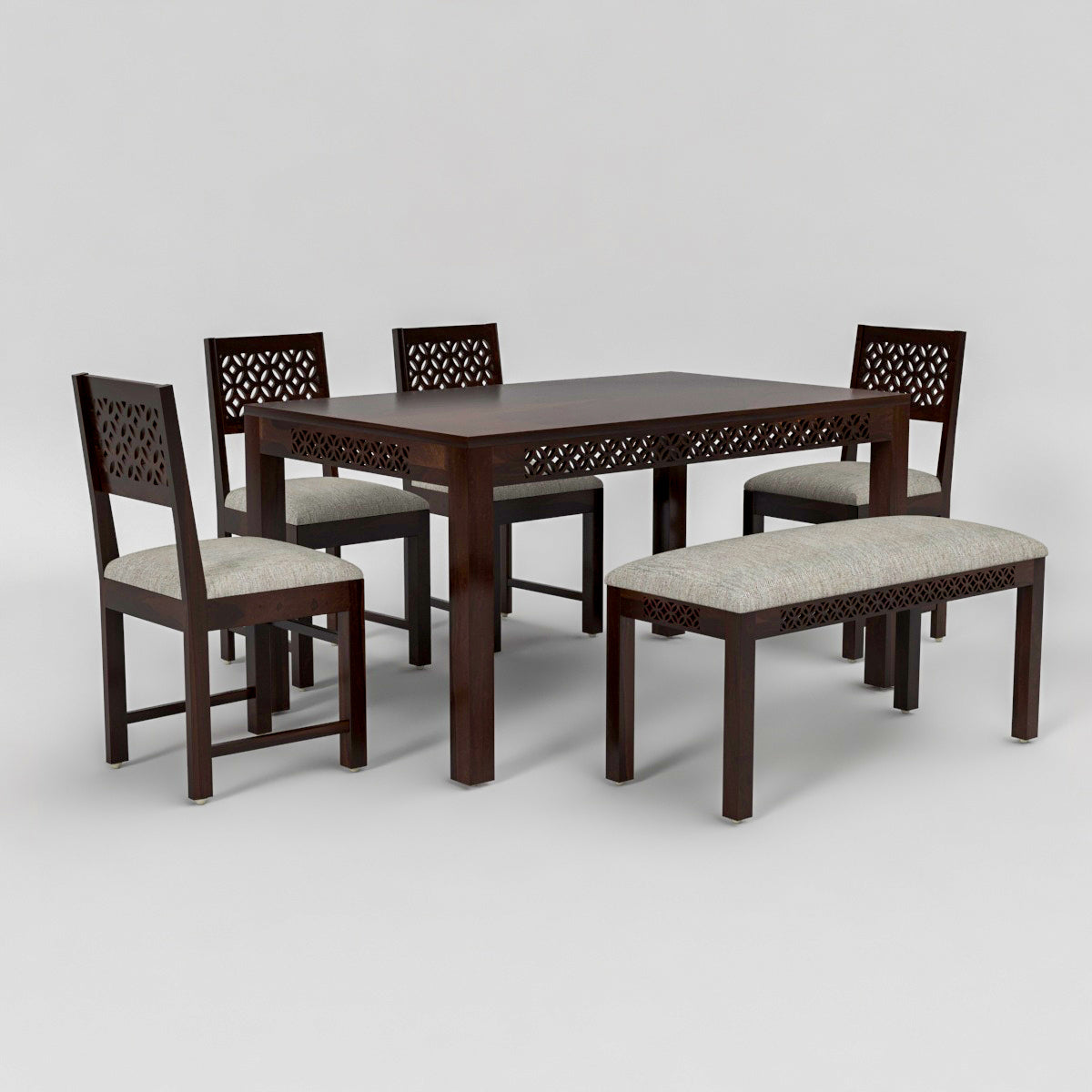 Velora Sheesham Wood Dining Set 6 Seater With Bench (Walnut Finish)