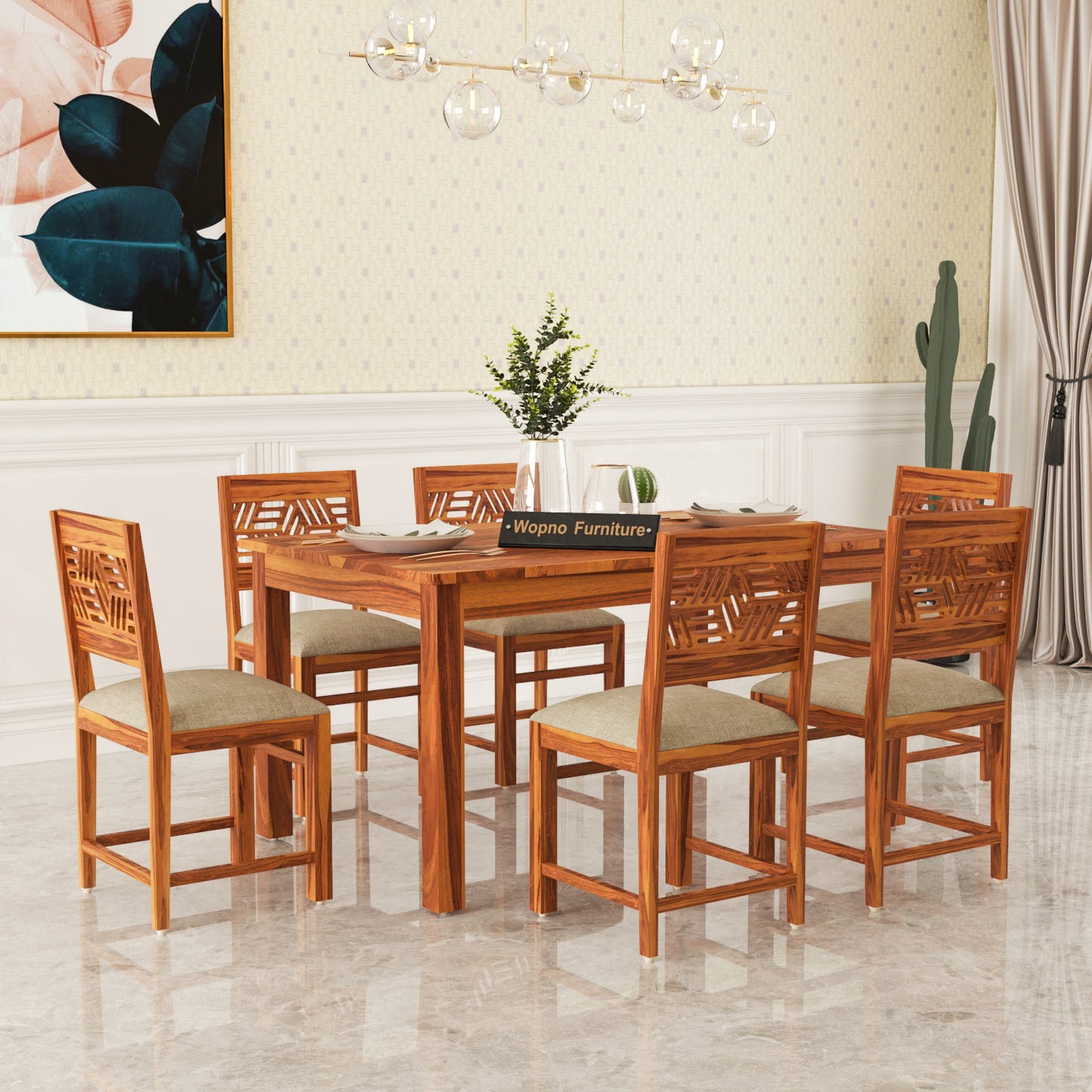 Morvex Sheesham Wood Dining Set 6 Seater (Honey Finish)
