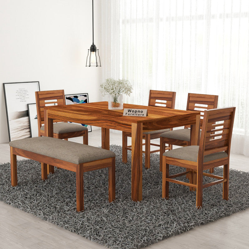Solvian Sheesham Wood Dining Set 6 Seater With Bench (Honey Finish)