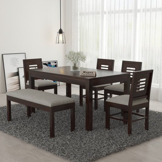 Solvian Sheesham Wood Dining Set 6 Seater With Bench (Walnut Finish)
