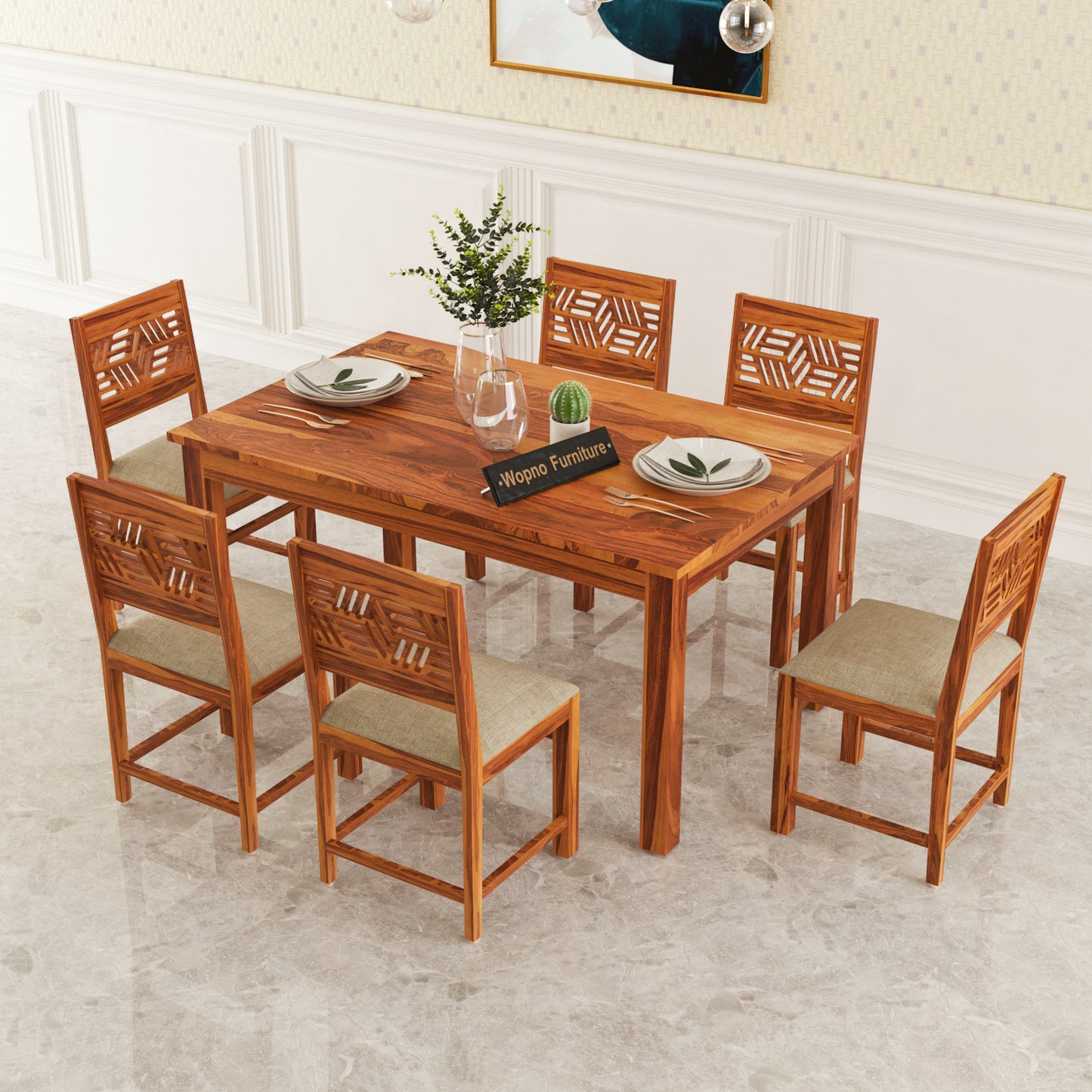 Morvex Sheesham Wood Dining Set 6 Seater (Honey Finish)