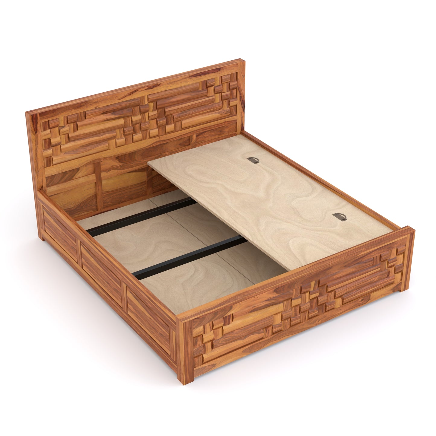 Durello Sheesham Wood Queen Size Bed With Storage (Honey Finish)