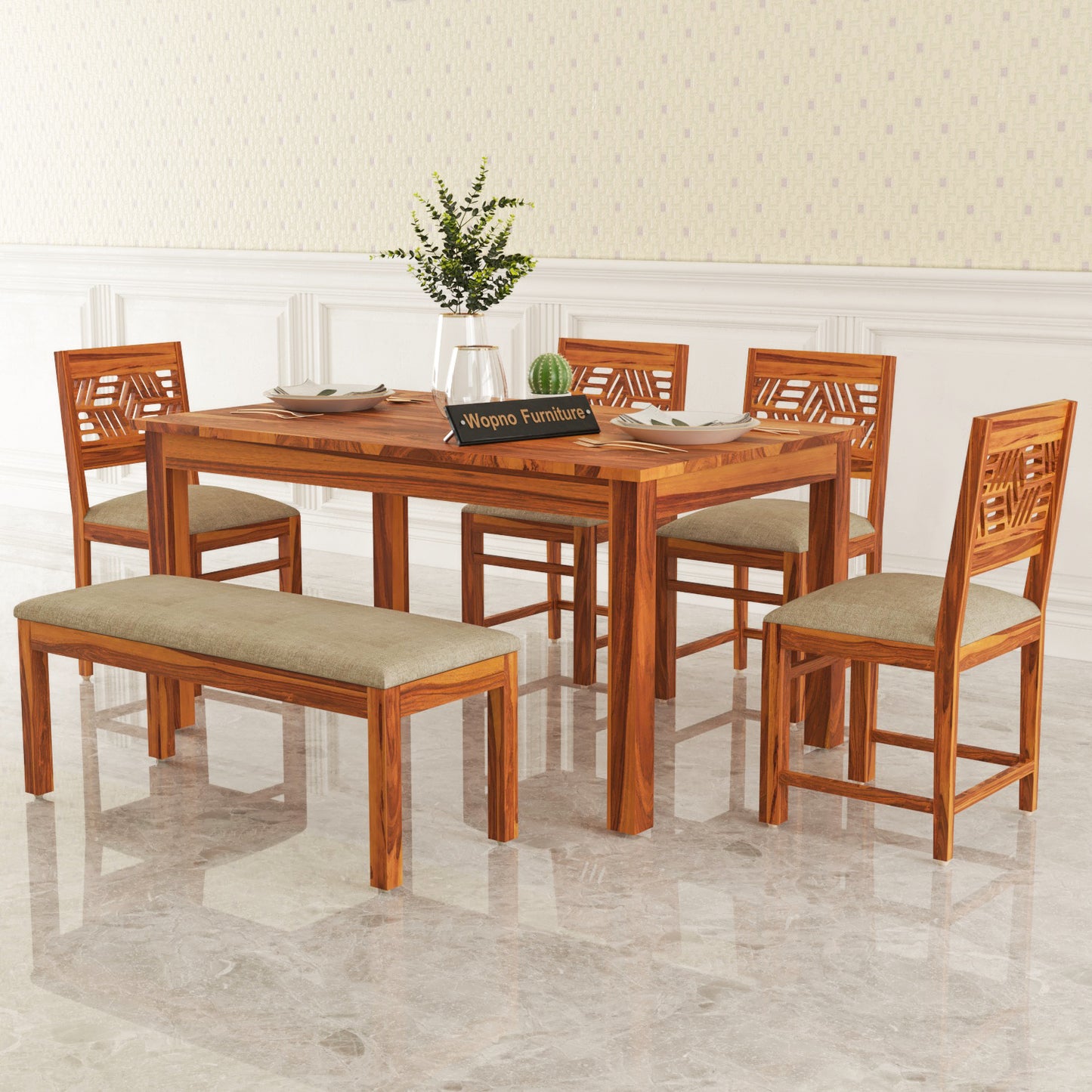 Morvex Sheesham Wood Dining Set 6 Seater With Bench (Honey Finish)