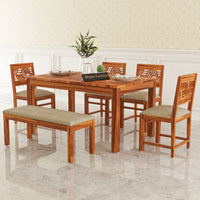 Morvex Sheesham Wood Dining Set 6 Seater With Bench (Honey Finish)