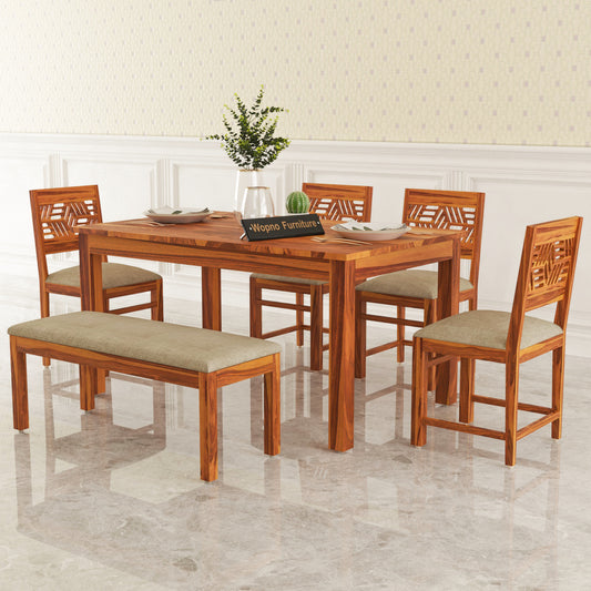 Morvex Sheesham Wood Dining Set 6 Seater With Bench (Honey Finish)