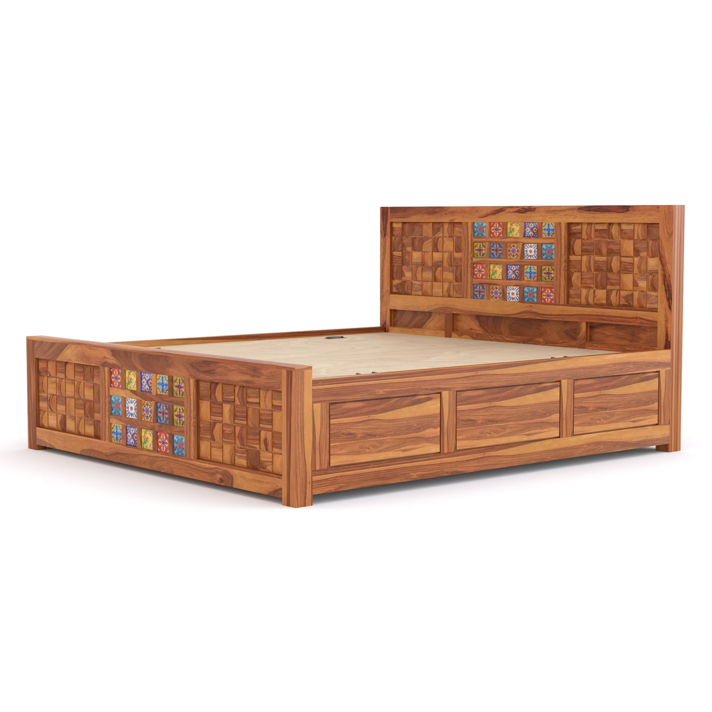 Eltrion Sheesham Wood King Size Bed With Storage (Honey Finish)