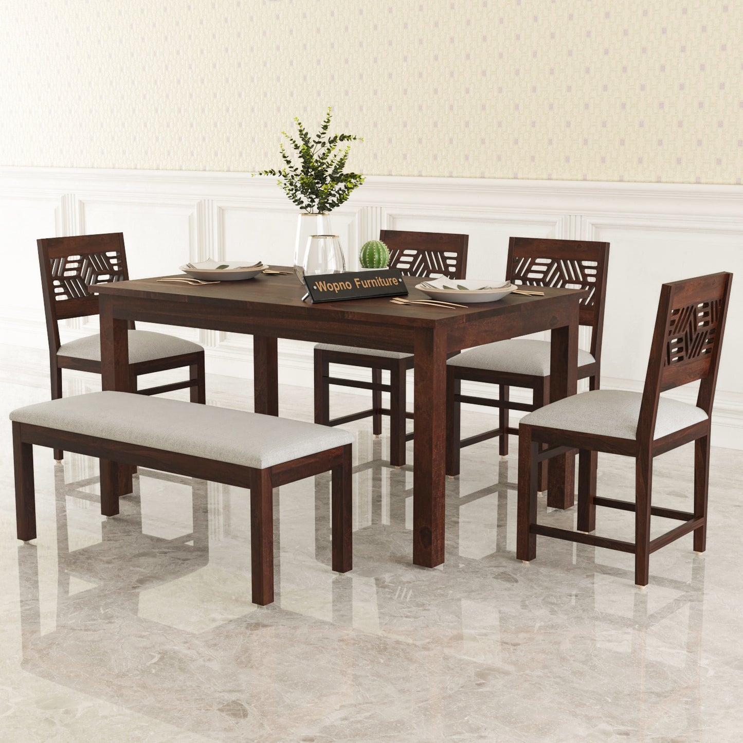 Morvex Sheesham Wood Dining Set 6 Seater With Bench (Walnut Finish)