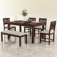Morvex Sheesham Wood Dining Set 6 Seater With Bench (Walnut Finish)