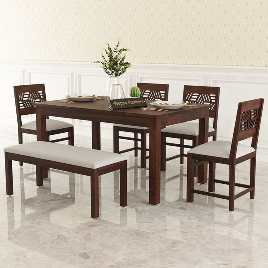 Morvex Sheesham Wood Dining Set 6 Seater With Bench (Walnut Finish)
