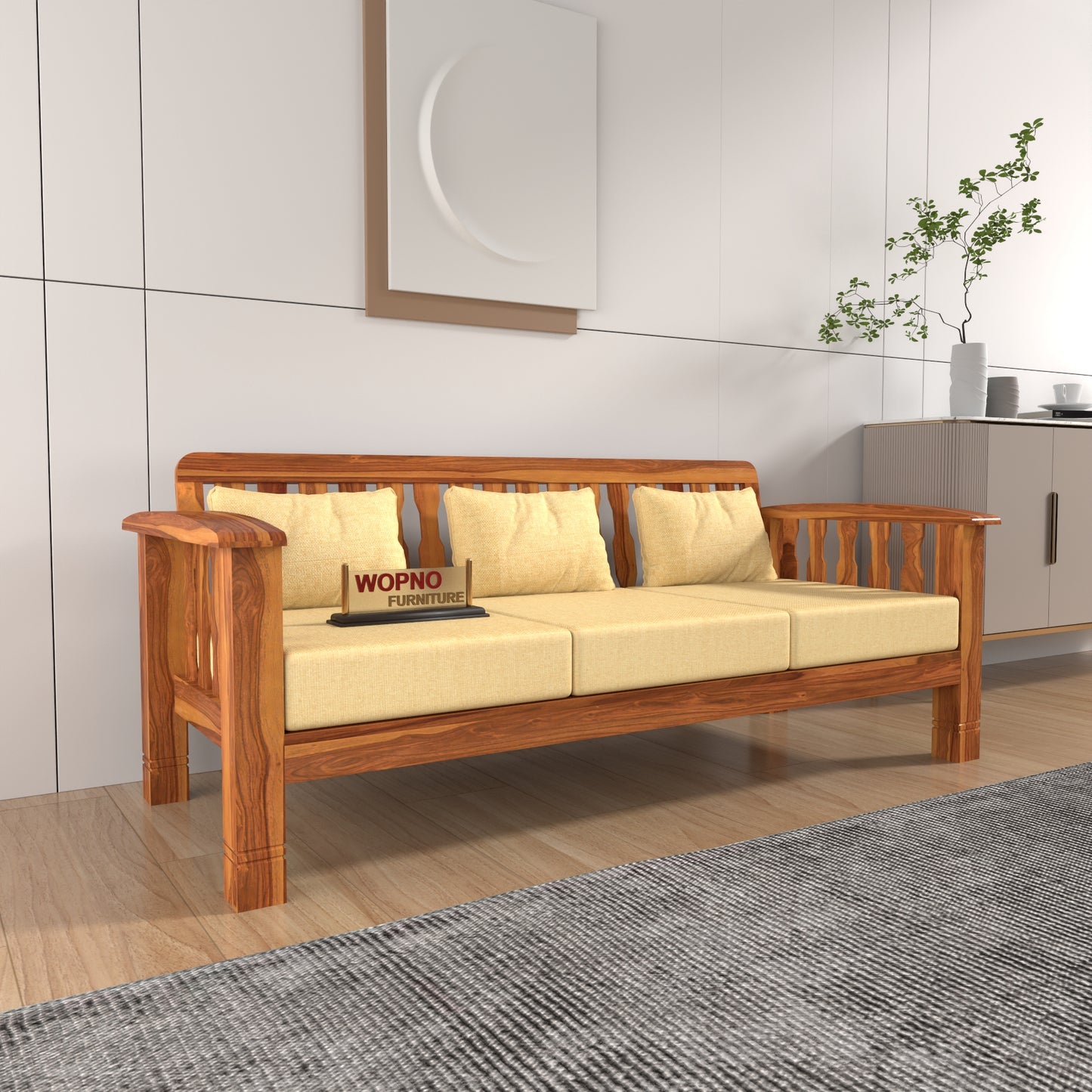 Raiden 3 Seater Solid Wood Sofa (Honey Finish)