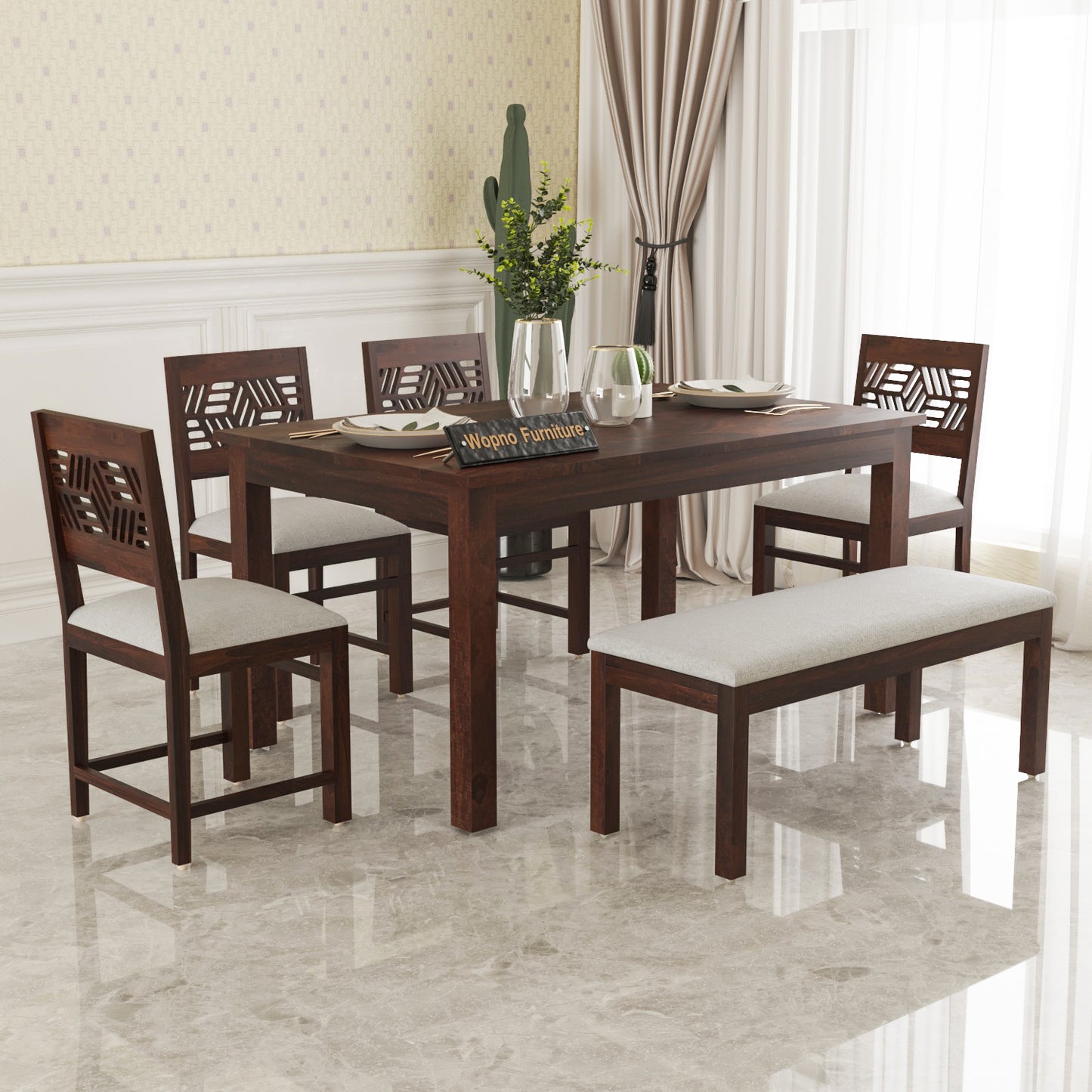 Morvex Sheesham Wood Dining Set 6 Seater With Bench (Walnut Finish)