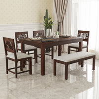 Morvex Sheesham Wood Dining Set 6 Seater With Bench (Walnut Finish)