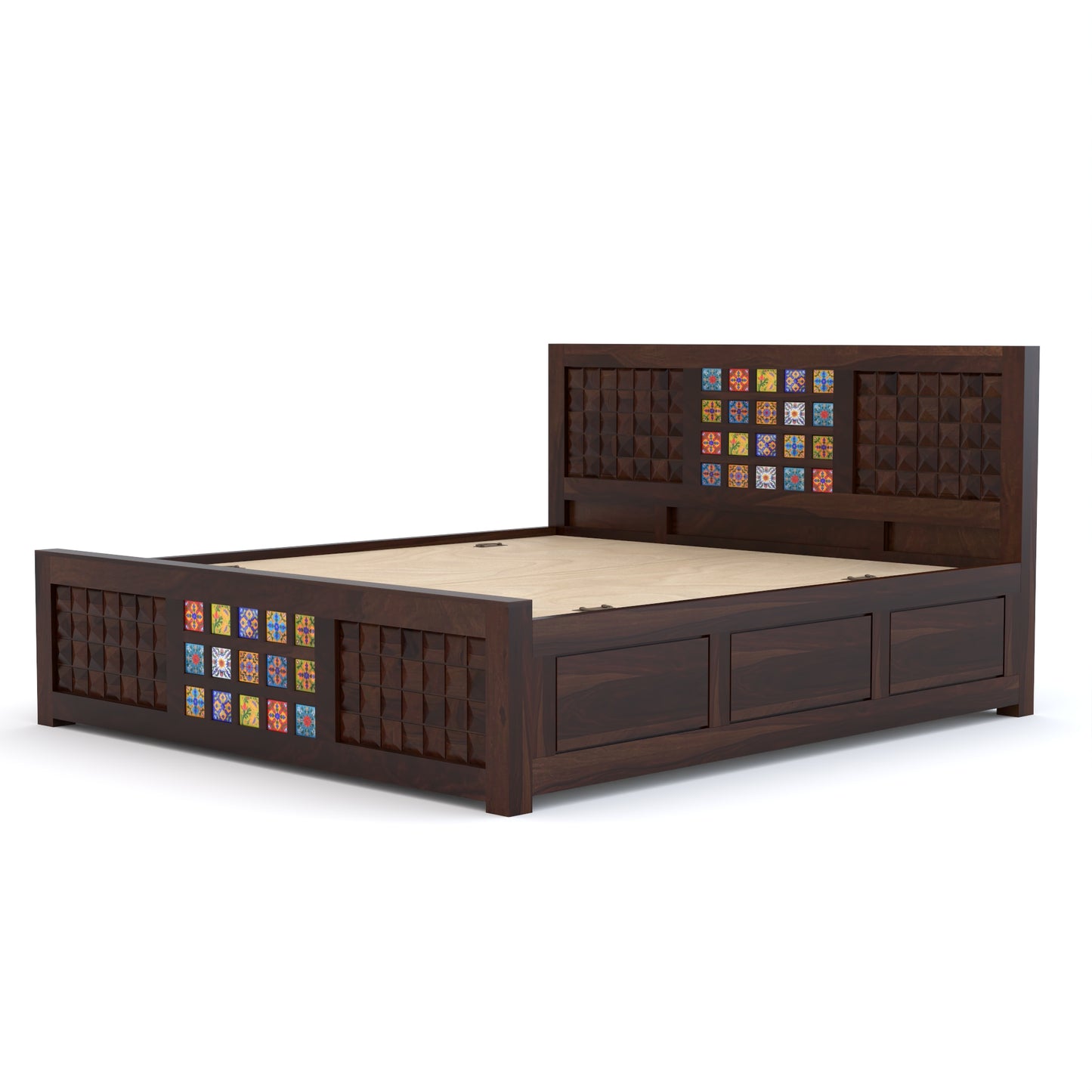 Eltrion Sheesham Wood Queen Size Bed With Storage (Walnut Finish)