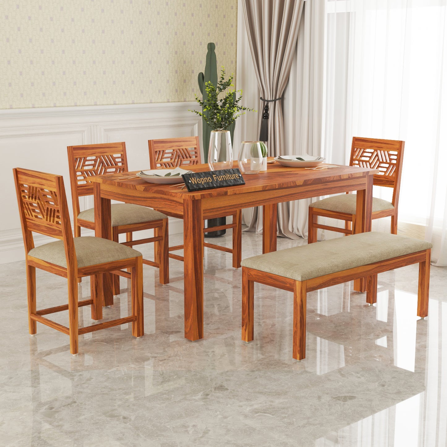 Morvex Sheesham Wood Dining Set 6 Seater With Bench (Honey Finish)