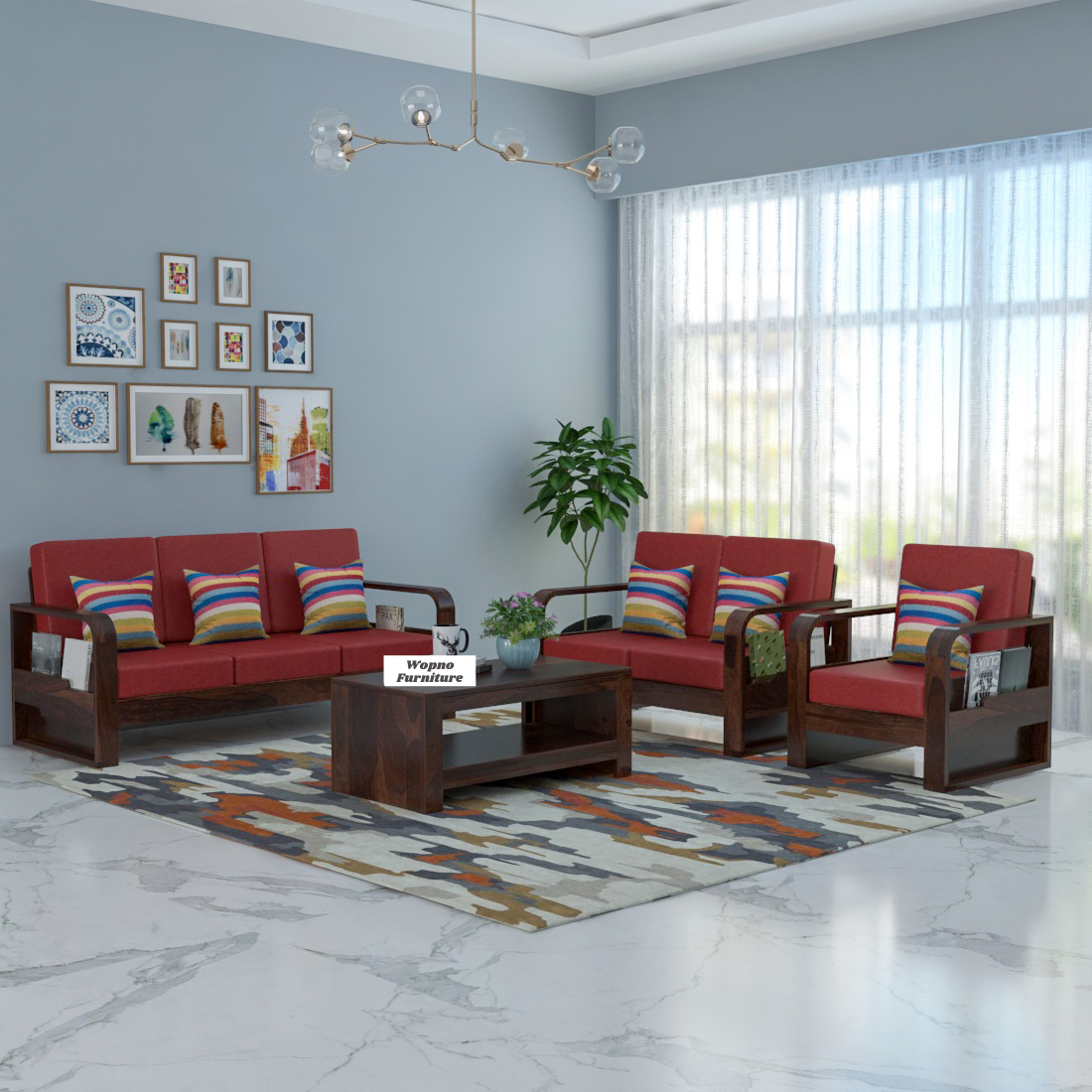 Zandor Sheesham Wooden 6 Seater Sofa Set (Walnut Finish)