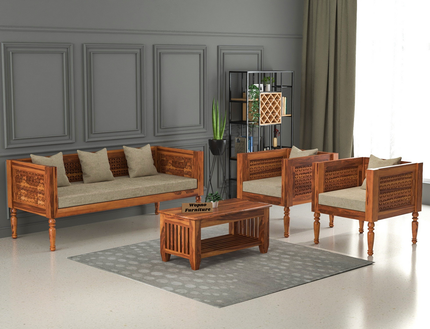 Sovric Solid Sheesham  Wooden 5 Seater Sofa Set (Honey Finish )
