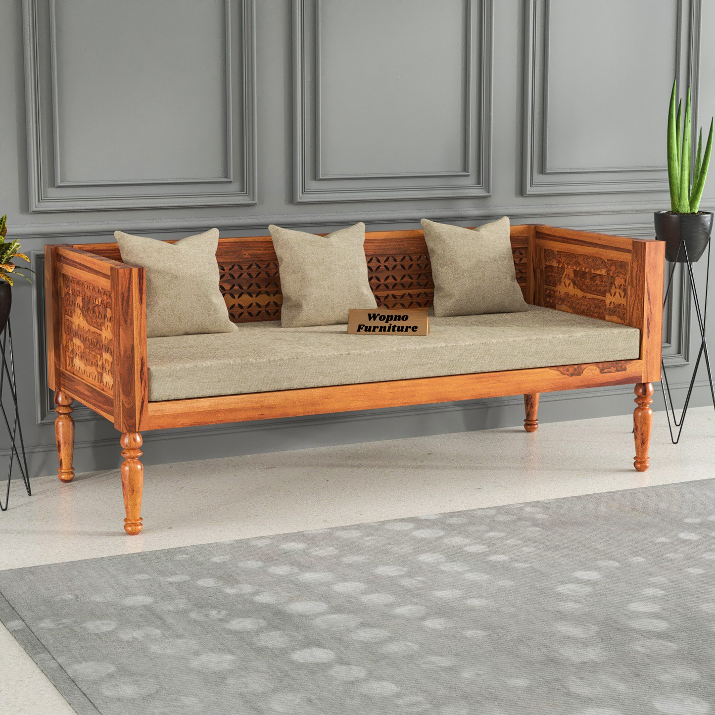 Exrel  Solid Sheesham Wooden 3 Seater Sofa (Honey Finish )