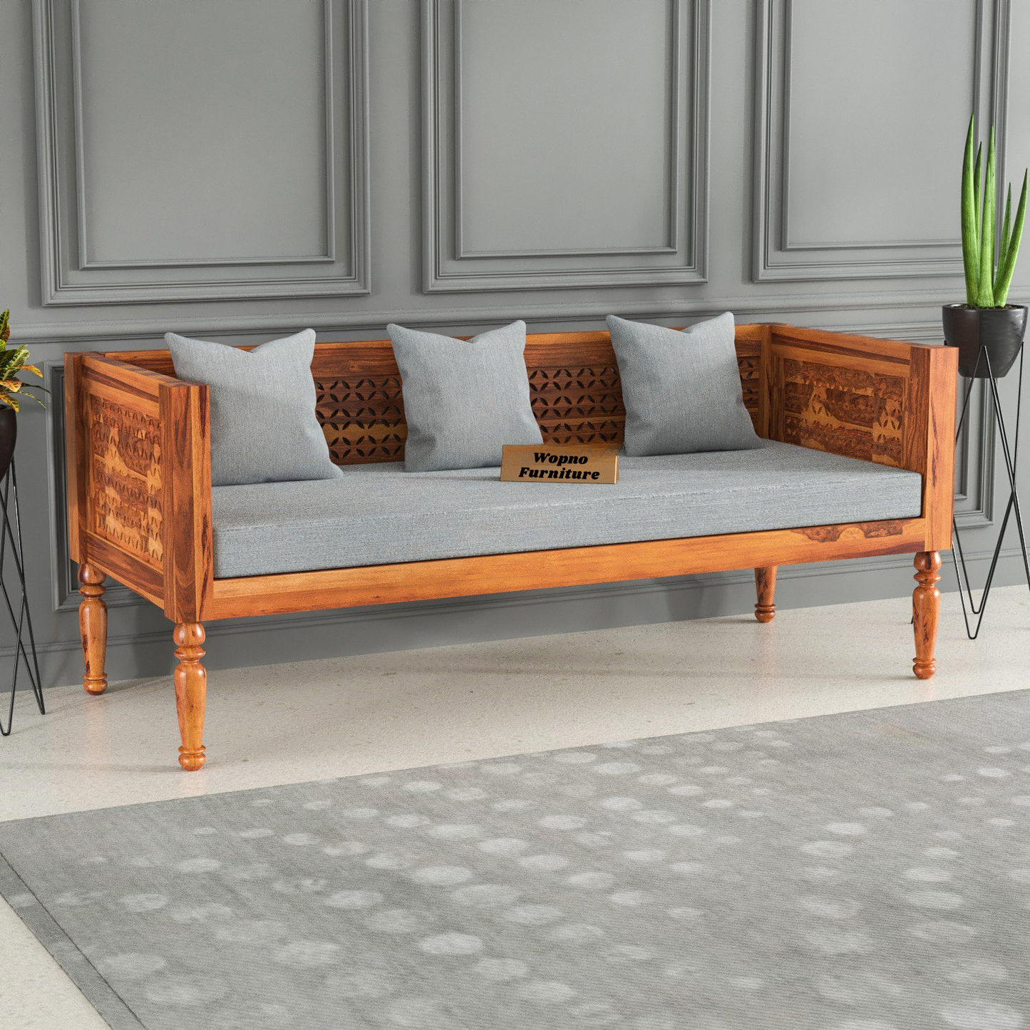 Exrel Solid Sheesham Wooden 3 Seater Sofa (Honey Finish )