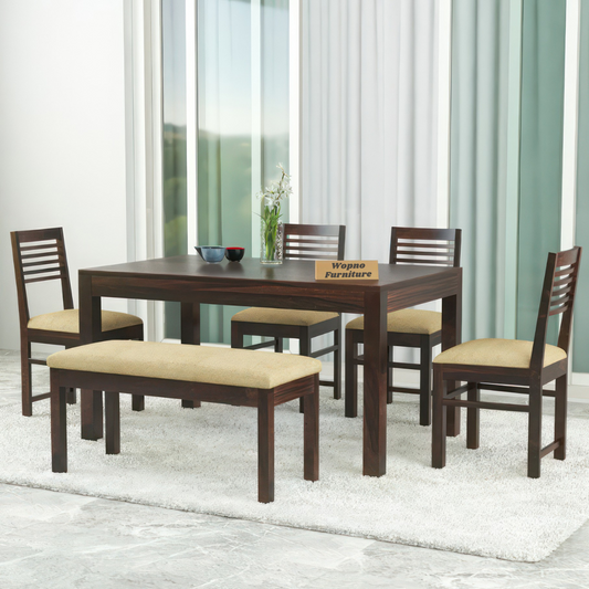 Norvik Sheesham Wood Dining Set 6 Seater With Bench (Walnut Finish)
