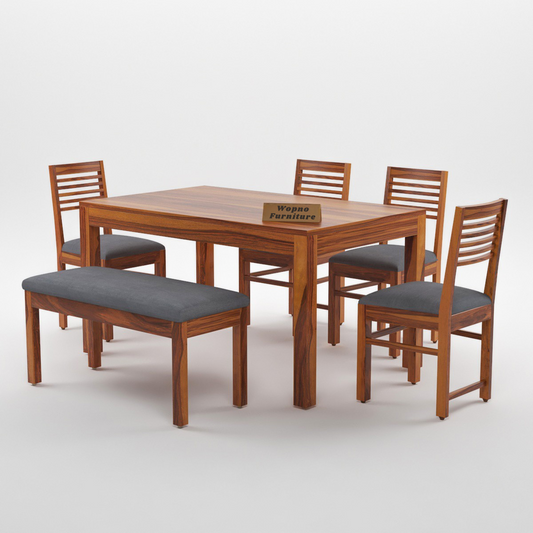 Norvik Sheesham Wood Dining Set 6 Seater With Bench (Honey Finish)