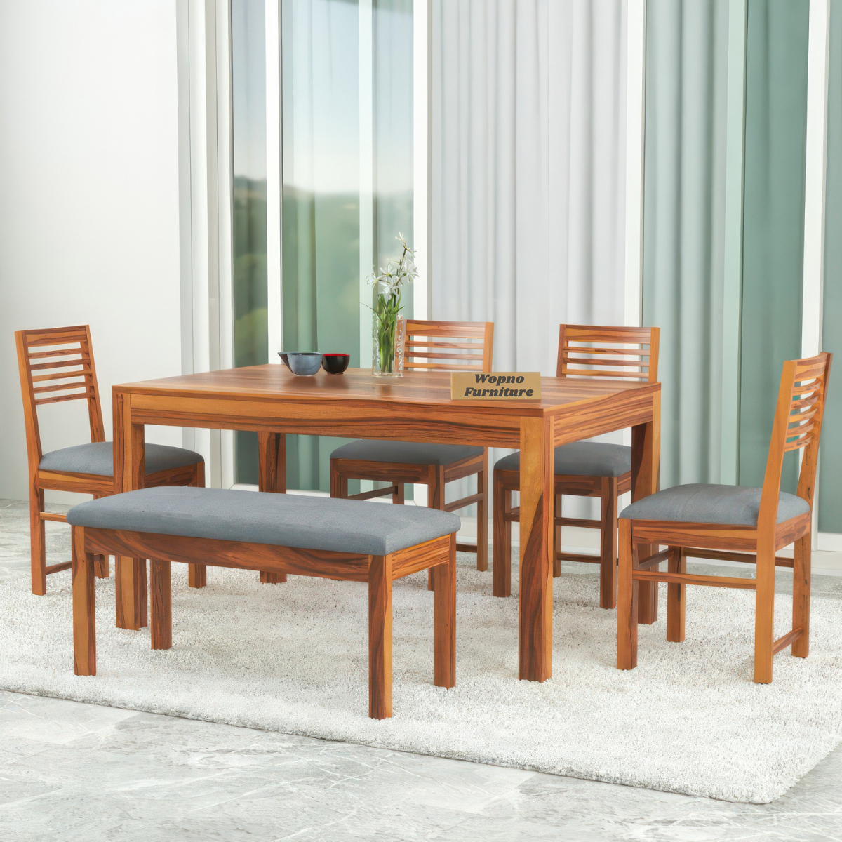 Norvik Sheesham Wood Dining Set 6 Seater With Bench (Honey Finish)